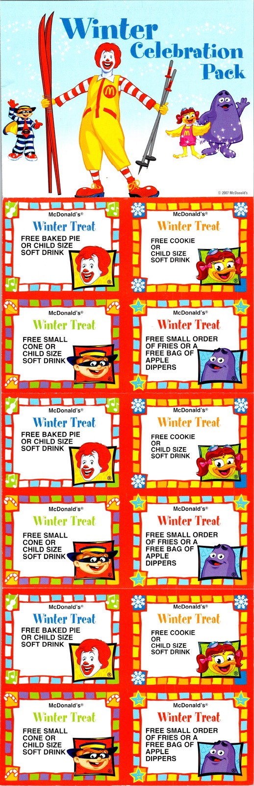 2007 McDonald's Winter Celebration Pack Coupon Sheet Ronald Hamburglar Grimace 2007 McDonald's Winter Celebration Pack Coupon Sheet Ronald Hamburglar Grimace
