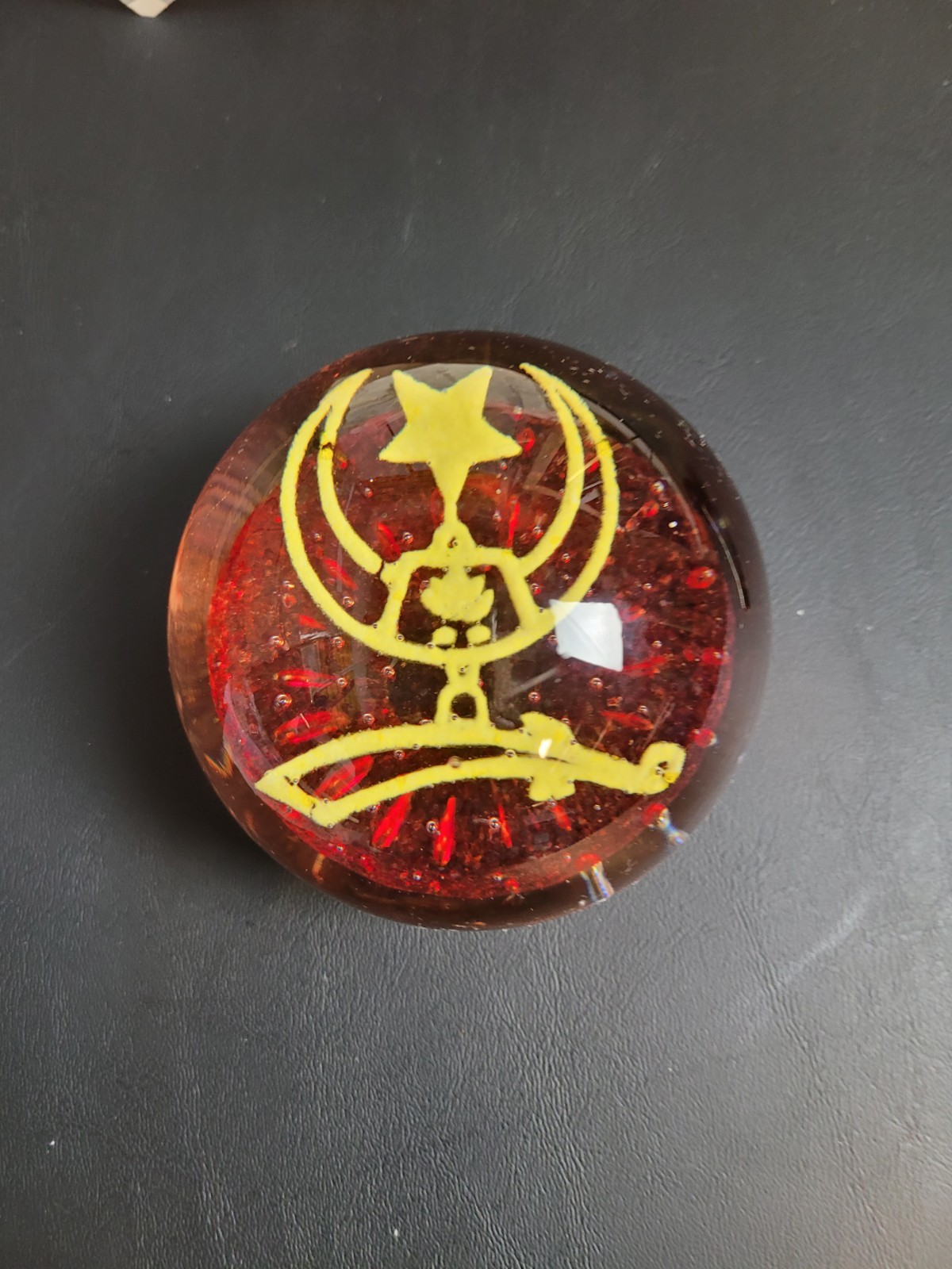 Vintage Freemason Masonic Art Glass Paperweight Yellow Sign Controlled Bubbles