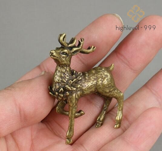 Pure Brass Carved Animal Sika Deer Figurine Tea Pet Ornament Miniature Mini Toy