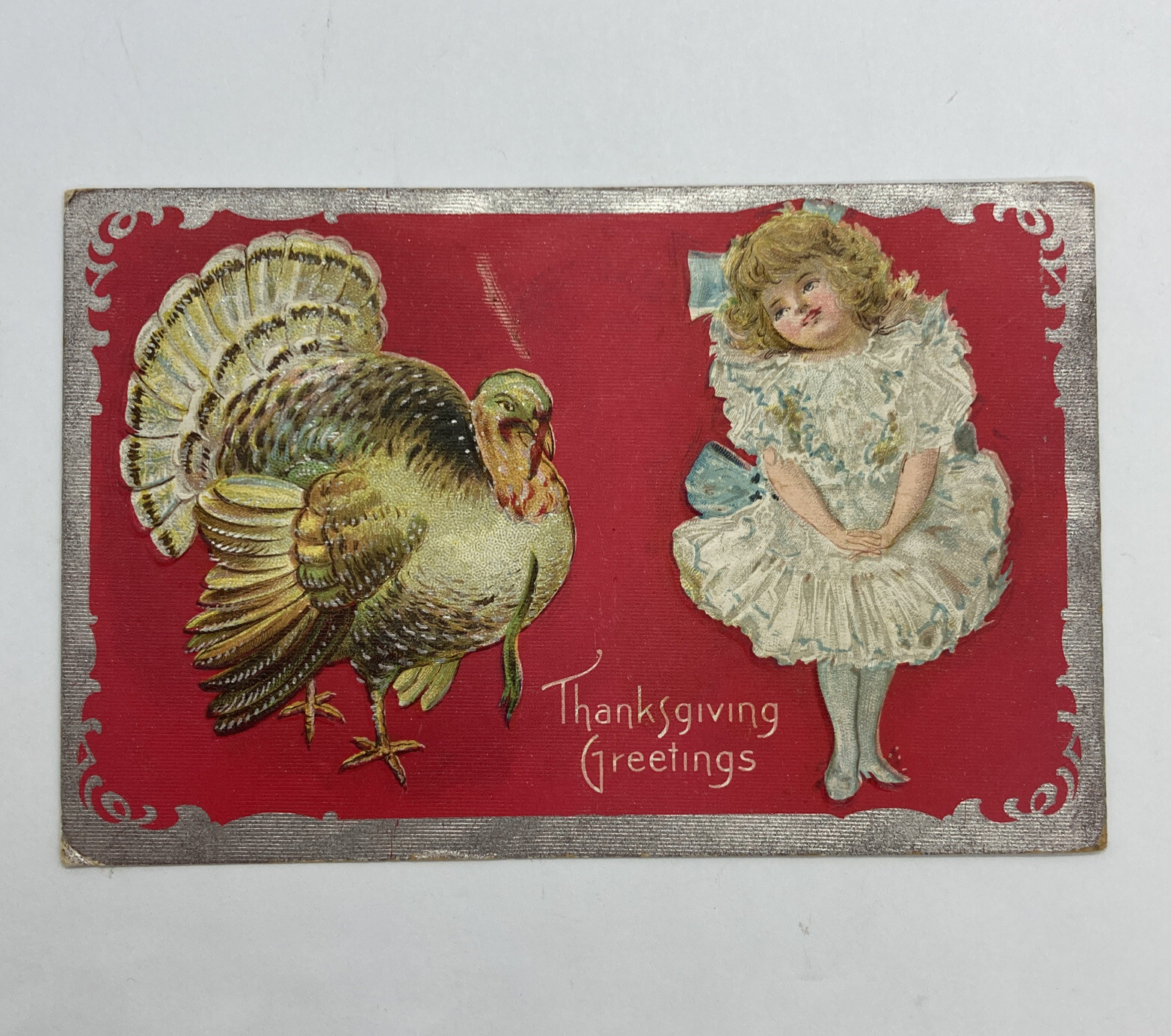 Antique 1910 Thanksgiving Postcard COMICAL Girl in Pink Dress Looking at Turkey