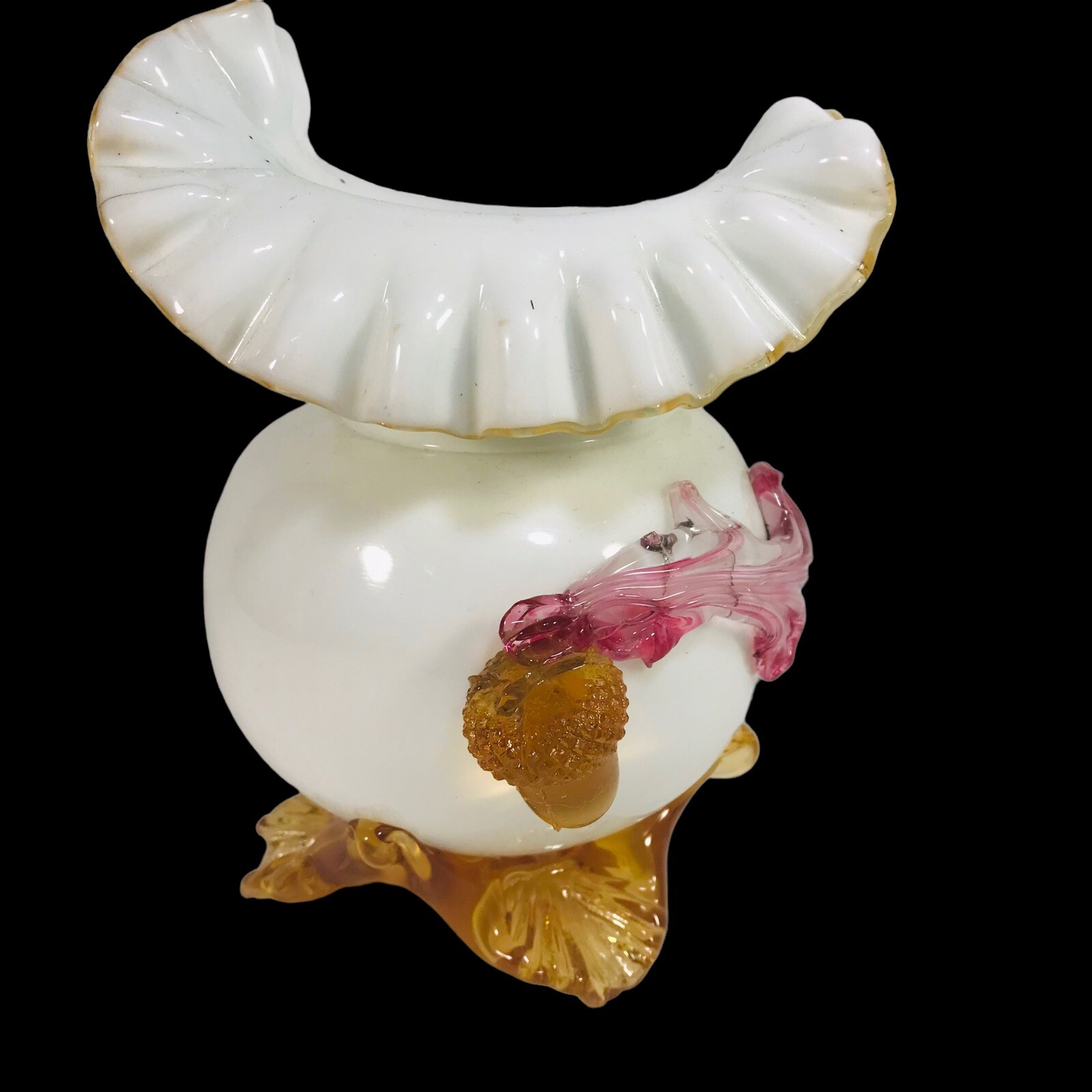 Antique Victorian Bohemian Harrach White Art Glass Vase Applied Leaves And Acorn