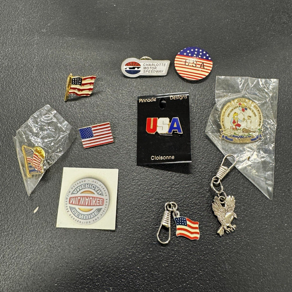 Vintage USA Patriotic Lapel Pin Lot Charlotte Motor Speedway Flag Eagle Pins Vintage USA Patriotic Lapel Pin Lot Charlotte Motor Speedway Flag Eagle Pins