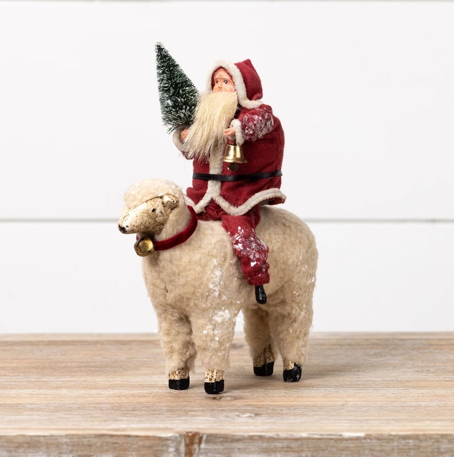 Primitive Santa Claus Riding Sheep Lamb Christmas Figure Farmhouse