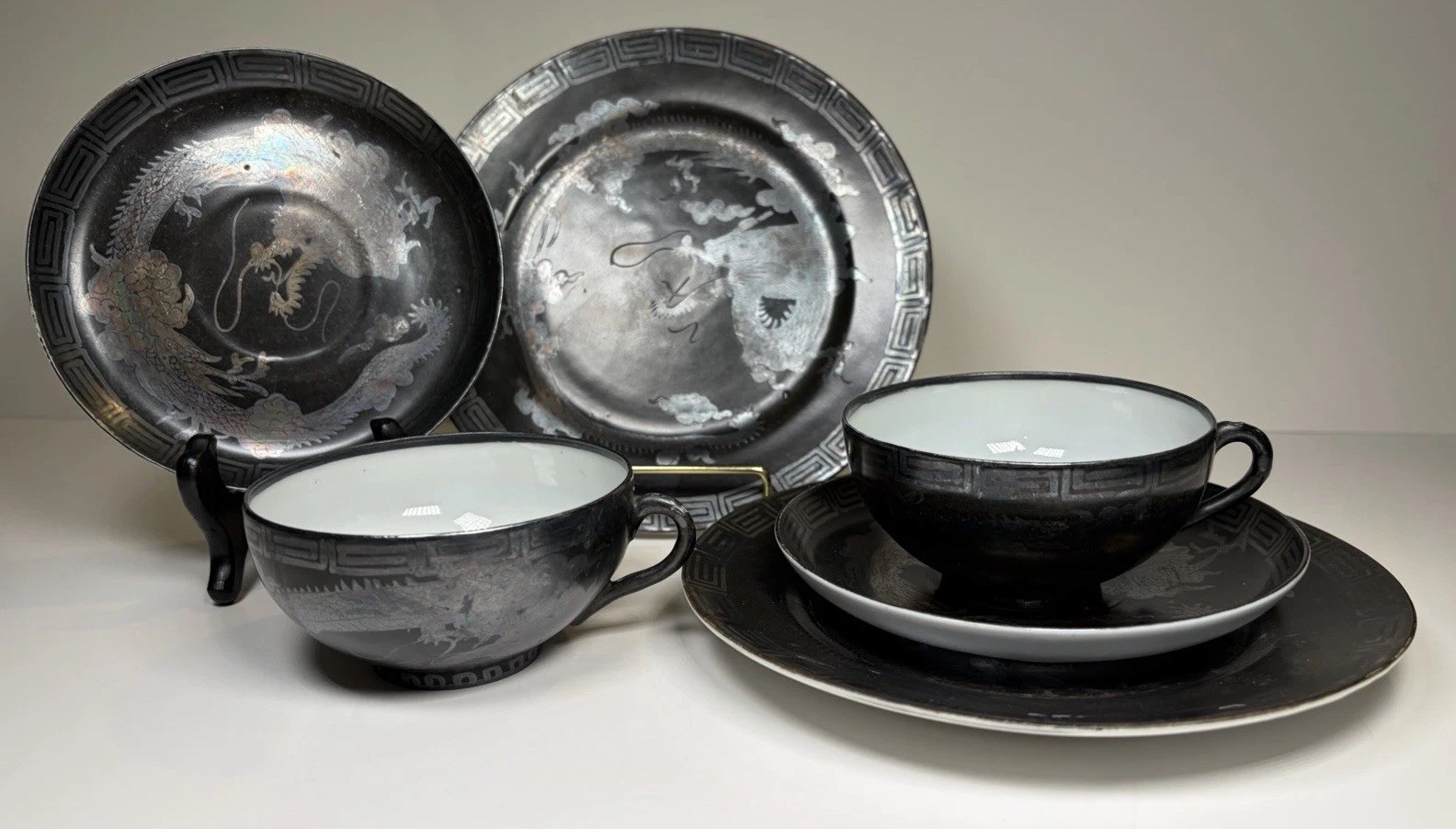 2 ATQ MM Morimura Brothers Trios Cup Saucer Dessert Plates Black/silver Dragon