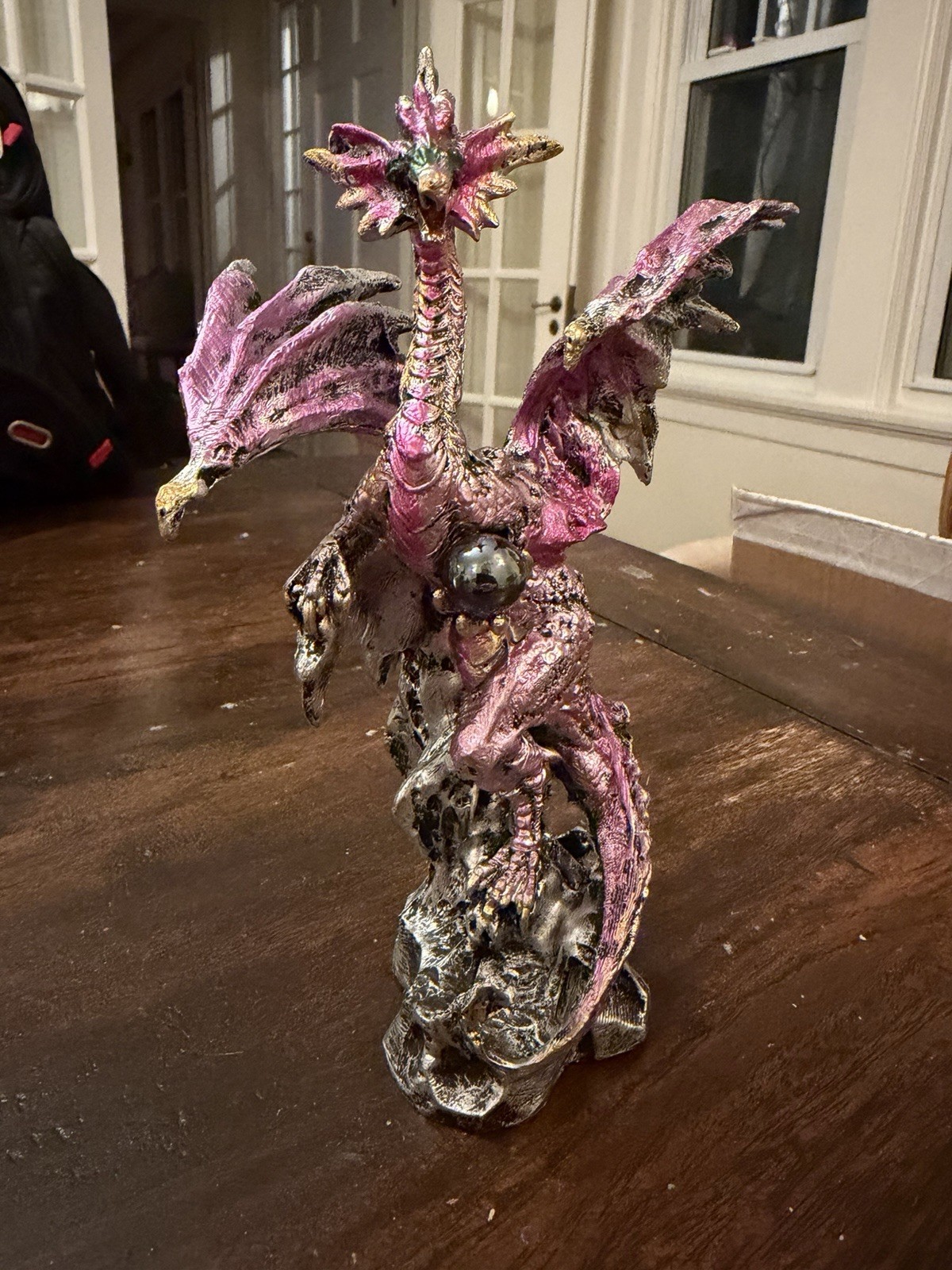 7.5” Purple Dragon Statue Holding Orb Fantasy Gothic Resin Figurine on Rocks