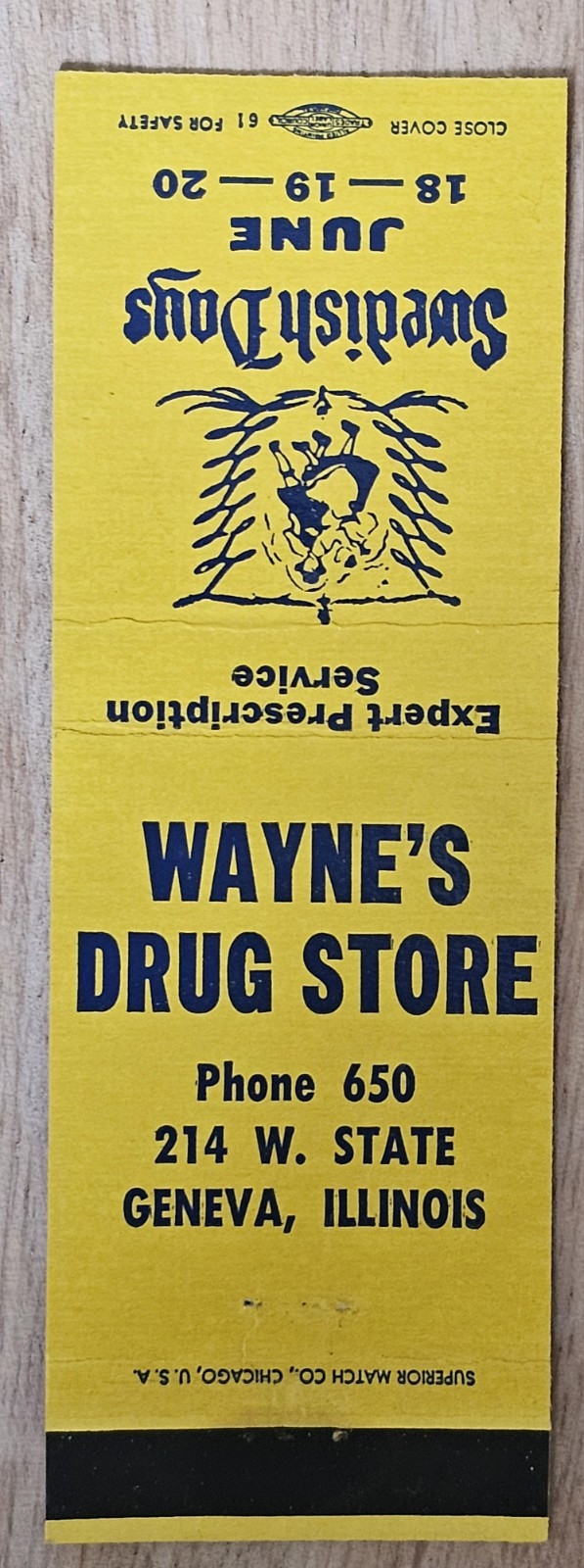 Rare 1950s Wayne’s Drug Store Matchbook Geneva, Illinois Swedish Days BS1A