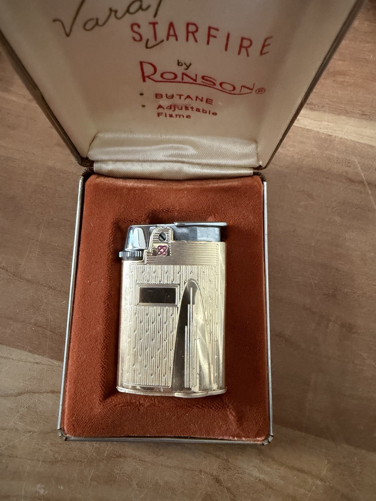 Vintage Ronson Varaflame Starfire Butane Lighter Gold In Case 