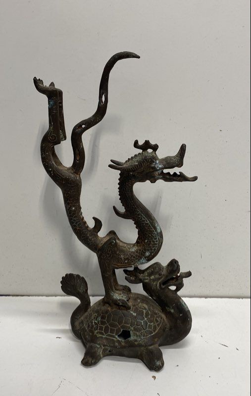 Vintage Chinese Dragon Turtle Sculpture Bronze Tone Metal Mythological Figure