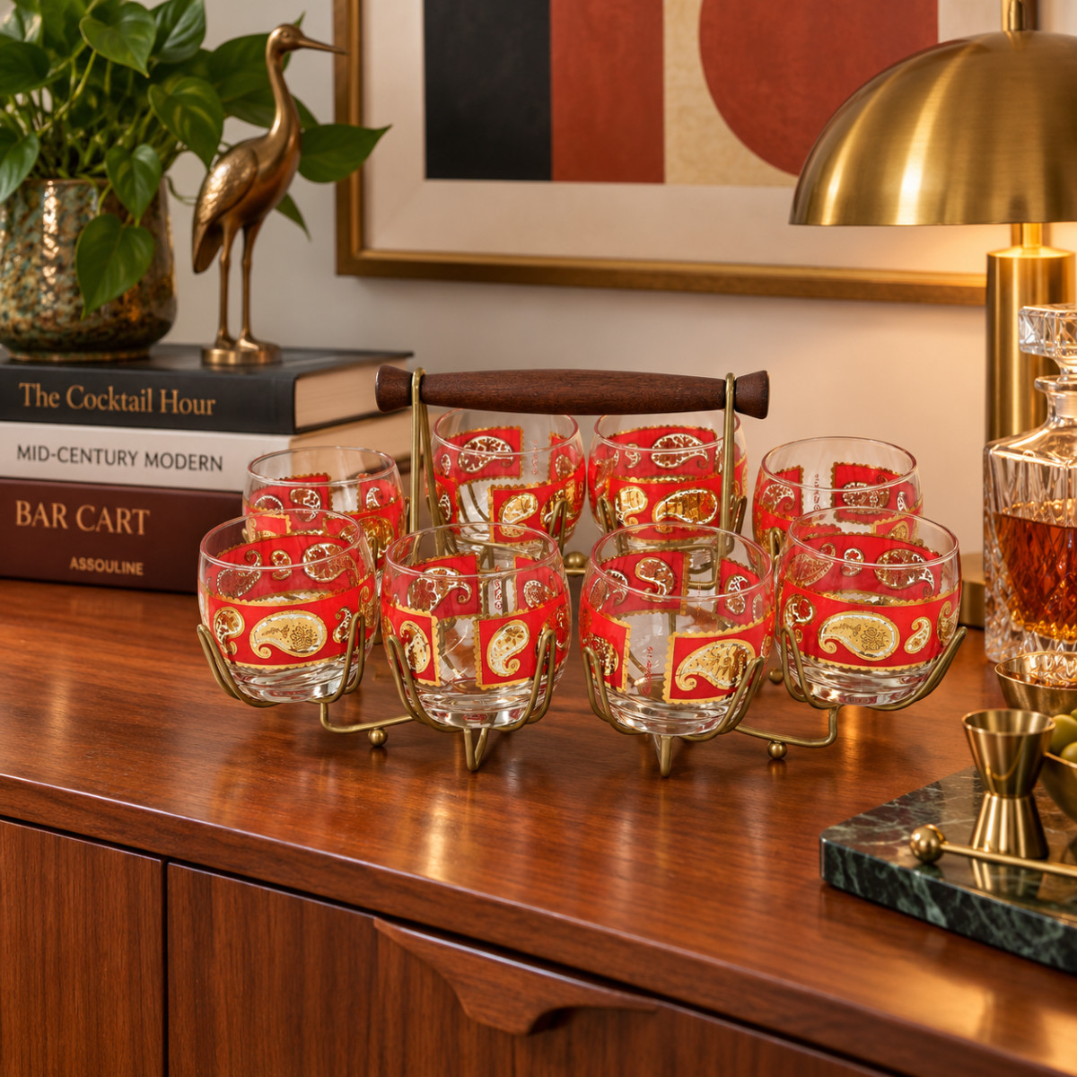 Culver Red Paisley 22K Gold Roly Poly Glasses Caddy Set of 8 Mid Century Mod Culver Red Paisley 22K Gold Roly Poly Glasses Caddy Set of 8 Mid Century Mod