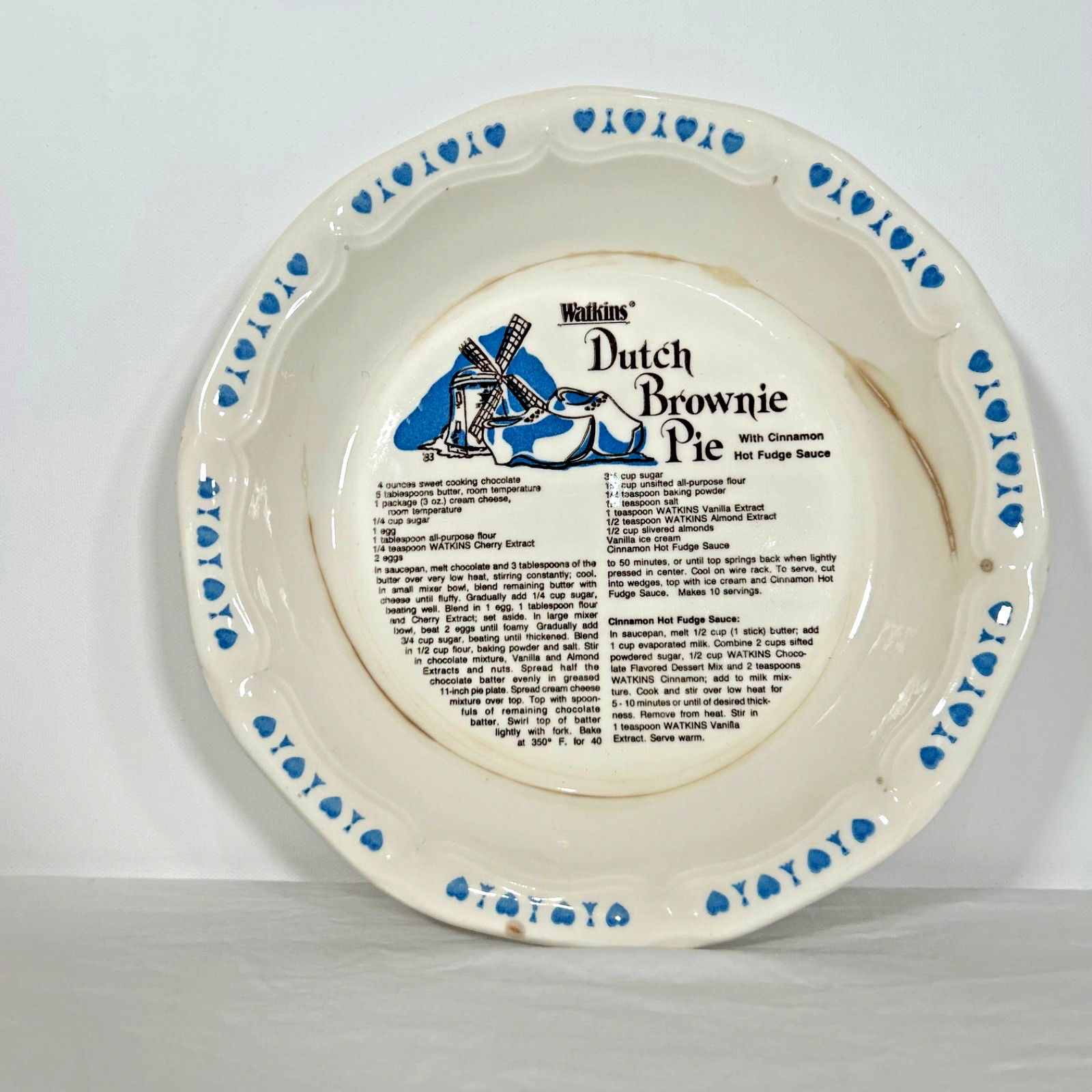 Watkins Dutch Brownie Pie Recipe Ceramic 10in Round Pie Dish White/Blue VINTAGE
