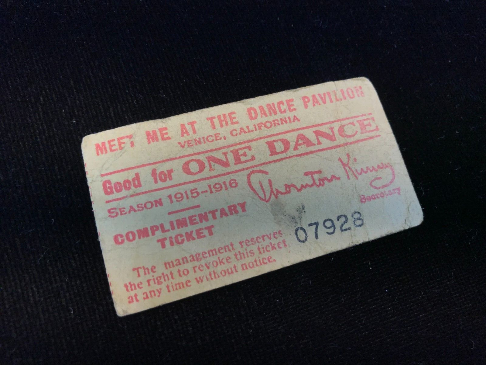 Rare ORIGINAL 1915 - 1916 Meet Me At THE DANCE PAVILION TICKET VENICE CALIFORNIA