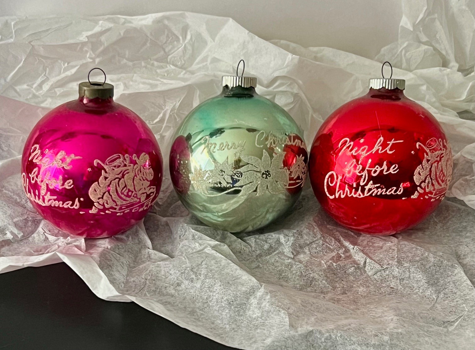 3 Vintage Shiny Brite Stencil Night Before Xmas / Sleigh / Baby Sleeps Ornaments
