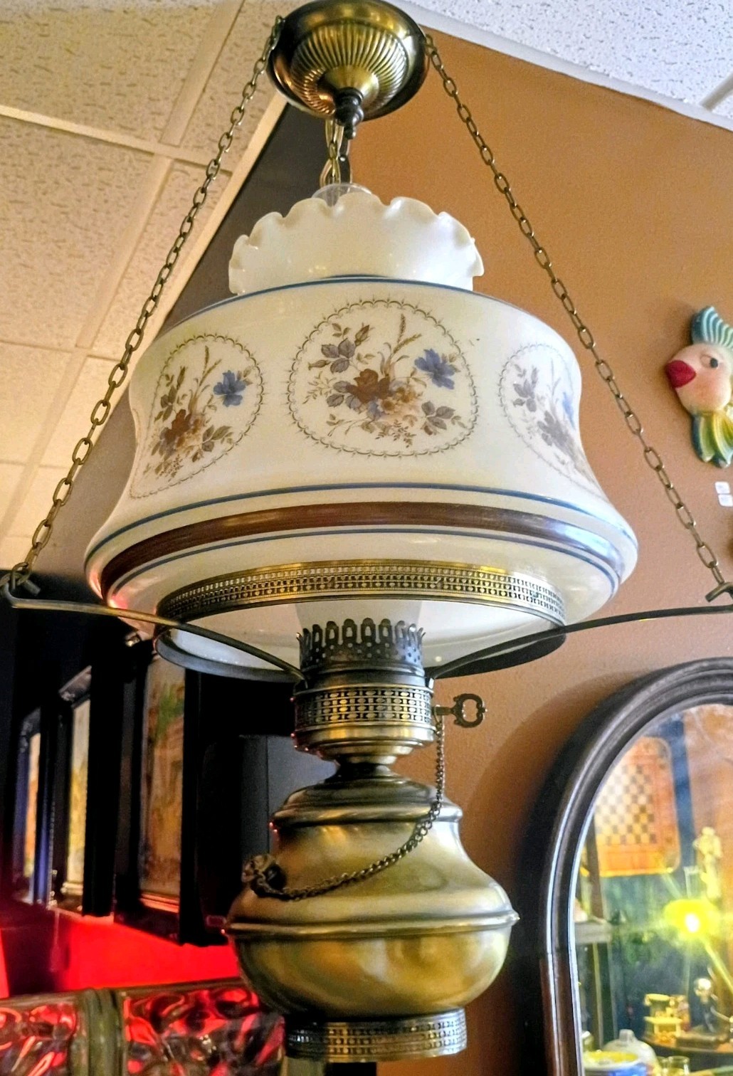 Vintage 3-WAY Farmhouse Swag Hanging Hurricane Milk Glass Light Floral NICE Vintage 3-WAY Farmhouse Swag Hanging Hurricane Milk Glass Light Floral NICE