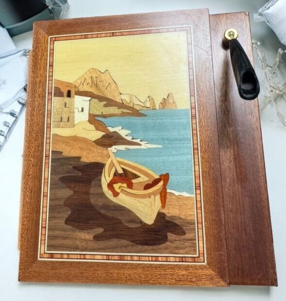 Mariorita isola di capri Wood Inlay DESK PAD w Pen Holder Vintage