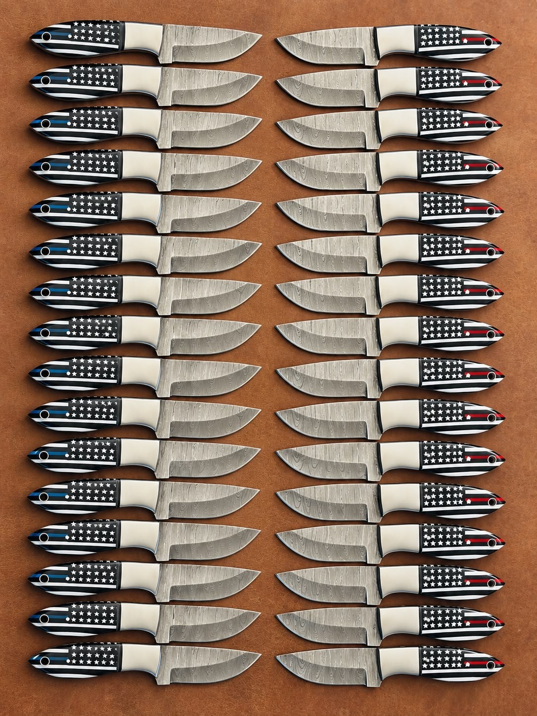 Lot of 50 7'' Knives Damascus Steel USA Flag Handle With Steel Bolster / Sheath Lot of 50 7'' Knives Damascus Steel USA Flag Handle With Steel Bolster / Sheath