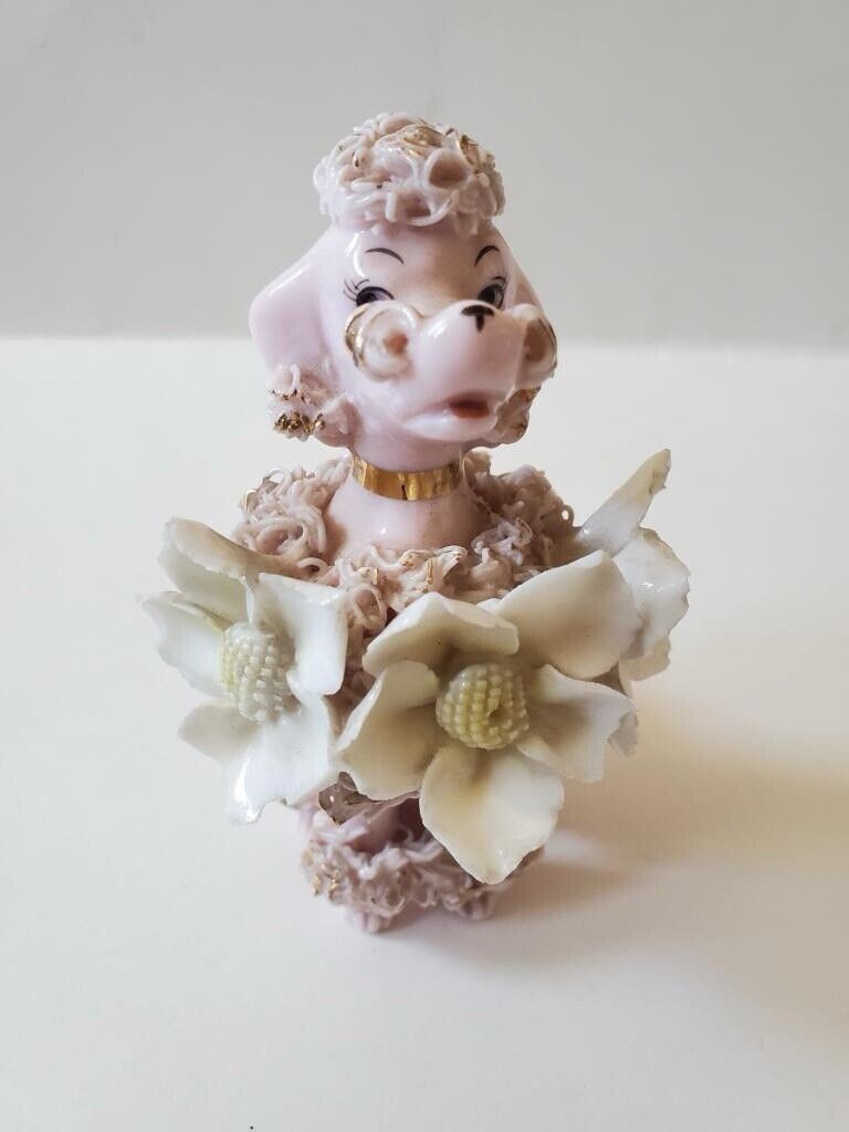 Vintage Pink Spaghetti Poodle With White Flowers Mid Century Modern Kitsch As Is