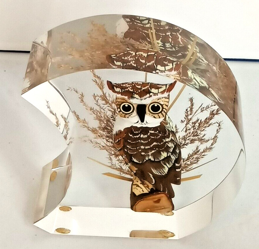 Vintage Chunky Lucite Moon Sculpture w Horned Owl MCM 6.5