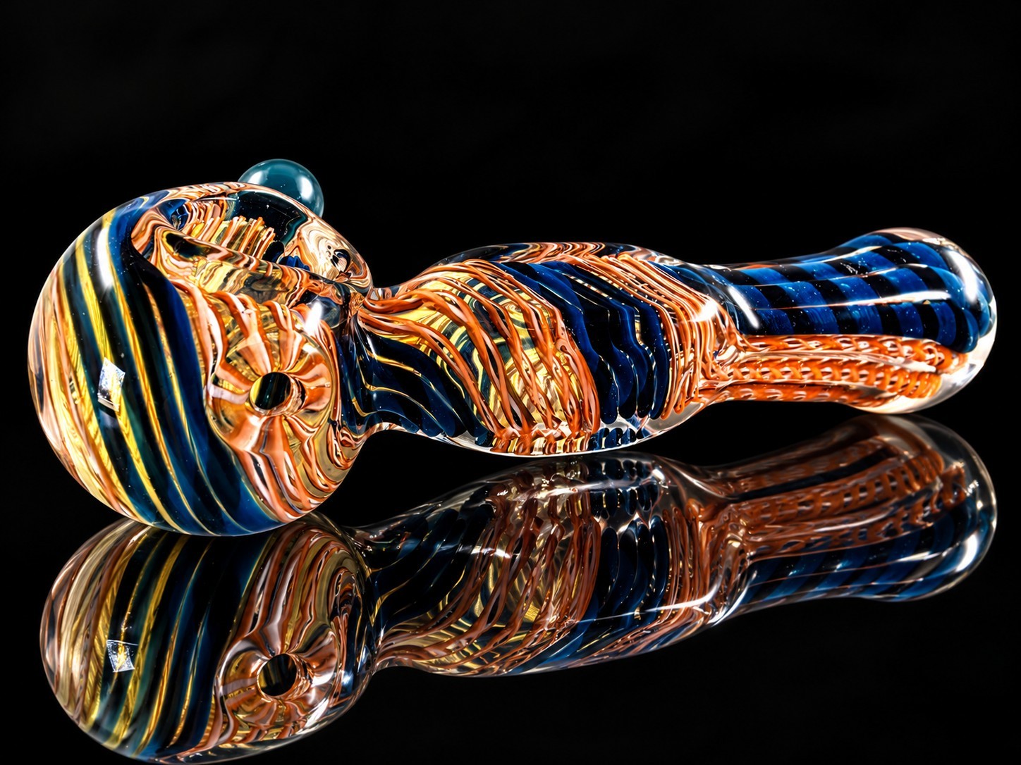 Heavy Thick Glass Hand Pipe – Blue Black & Copper Swirl Art Glass
