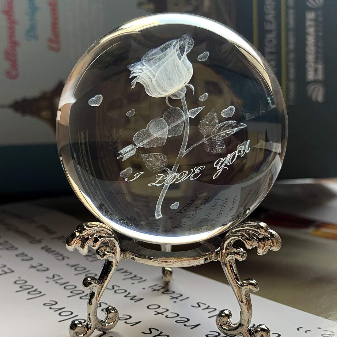 HDCRYSTALGIFTS Crystal 2.4 inch (60mm) Carving Rose Crystal Ball with 