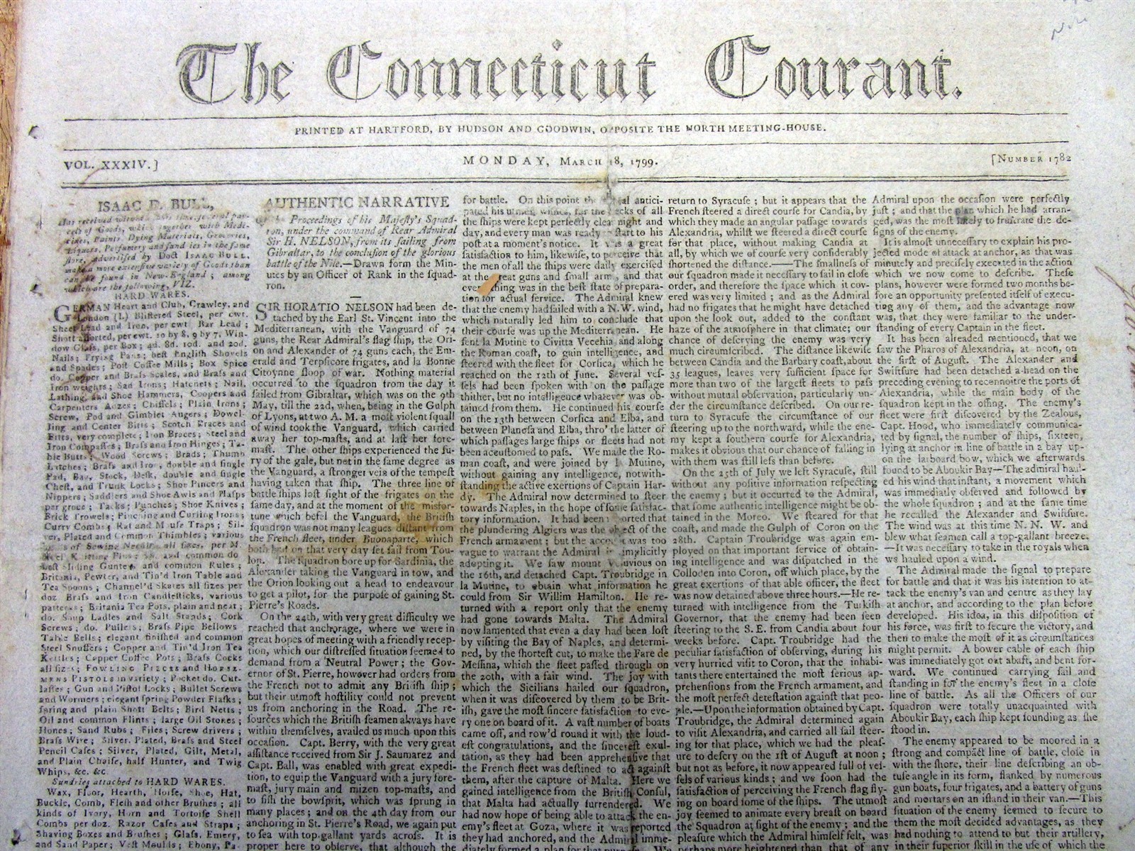 Best 1799 newspaper w Horatio Nelson naval BATTLE OF THE NILE Eyewitness account