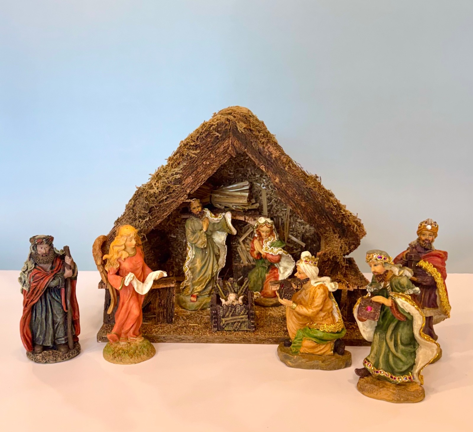 Vintage K's Collection Jeweled Nativity Set 9 Figurines & Moss Wood Stable
