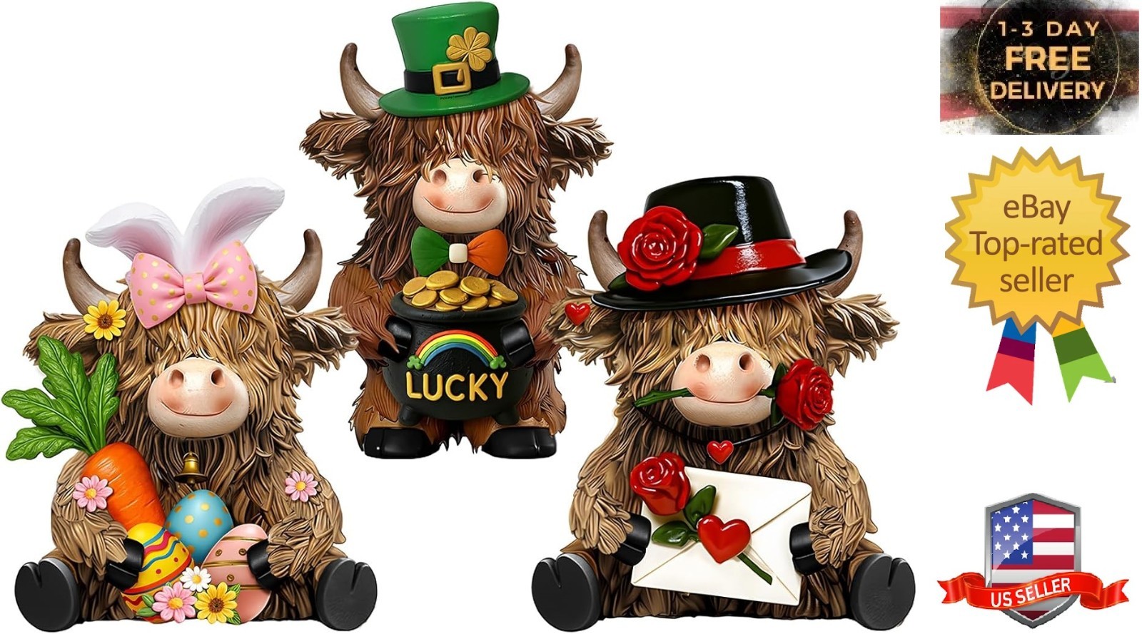 3 Pack Resin Highland Cow Figurine Valentine\'s St. Patrick\'s Day Easter Highland 3 Pack Resin Highland Cow Figurine Valentine\'s St. Patrick\'s Day Easter Highland