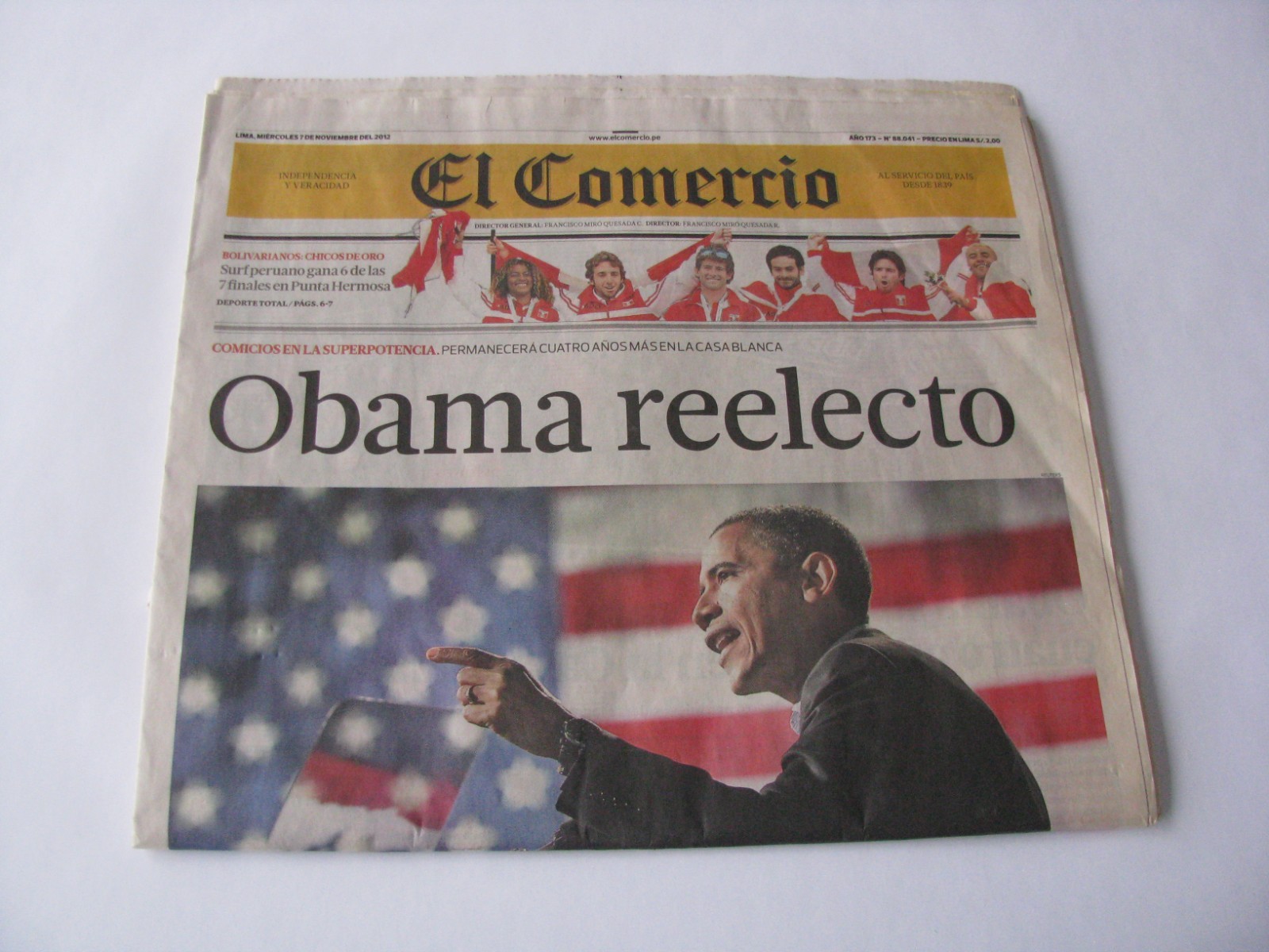 Vintage El Comercio 7 Nov 2012 Barak Obama President Reelection Peru Newspaper