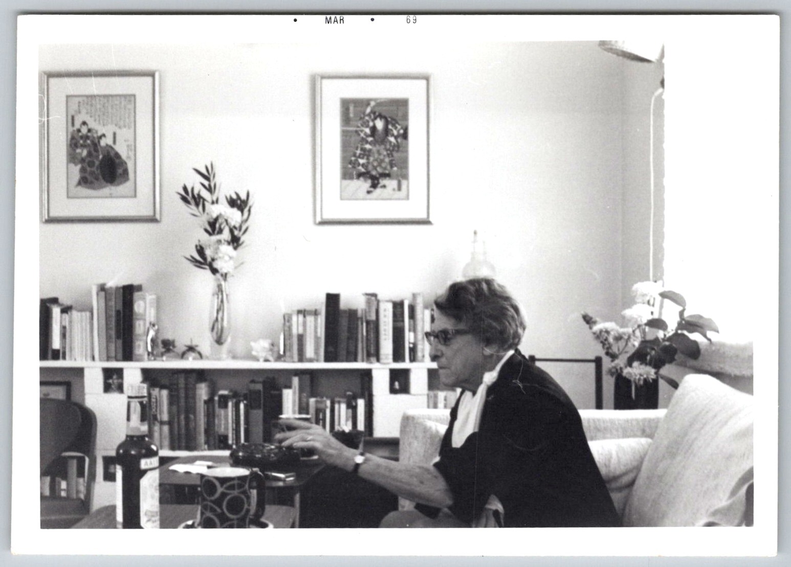 Vtg B&W Snapshot Older Woman Glasses Smoking Cigarette Living Room Bookshelf Vtg B&W Snapshot Older Woman Glasses Smoking Cigarette Living Room Bookshelf