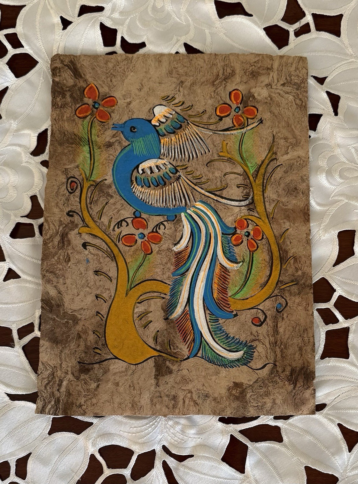 VTG MCM MEXICAN AMATE BARK PAINTING BIRD FLOWERS PRE OWNED 10.5”T BY 8” W