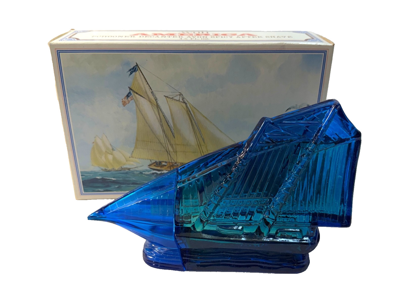 Vintage Avon America Cup Schooner Blue Glass Sail Boat Bottle Spicy After Shave
