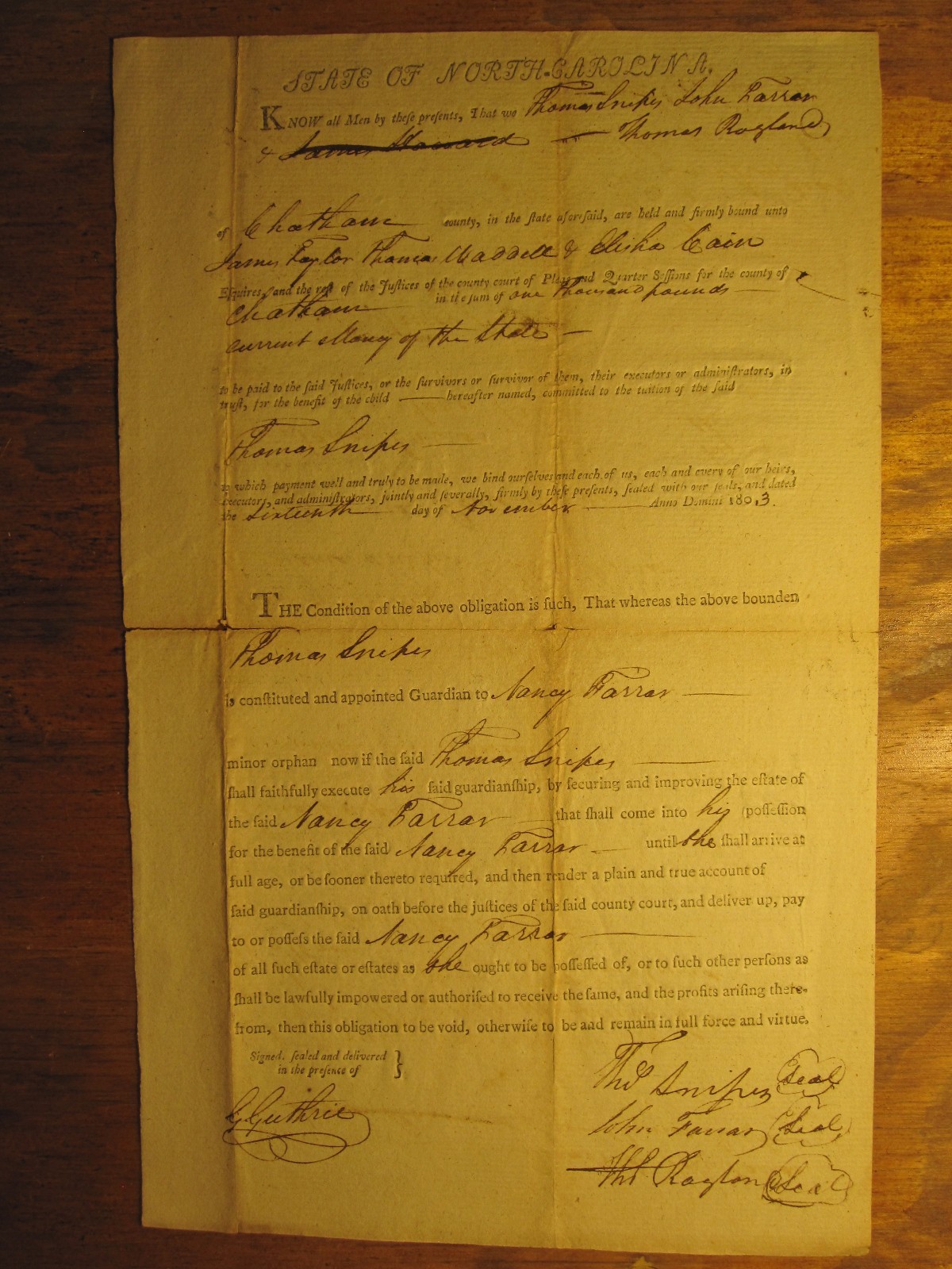 1803 NC BOND WATERMARK 1st SHERIFF CHATHAM COUNTY ELISHA CAIN REVOLUTIONARY WAR