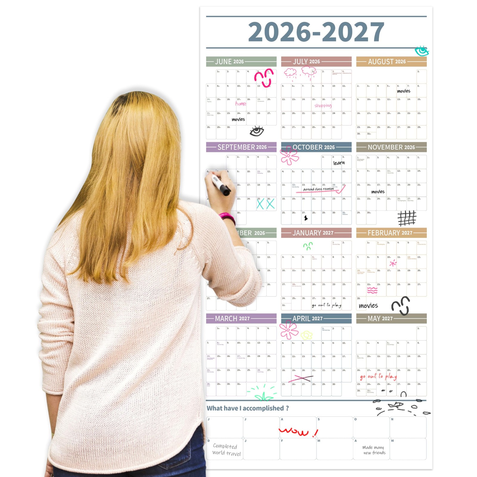GuassLee Large Yearly Wall Calendar 2026-2027, Full Year Calendar One Page, Jun.