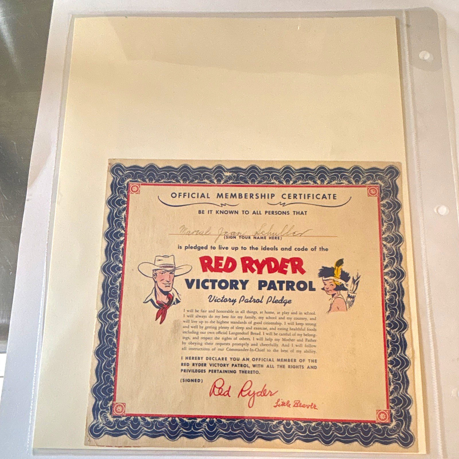 1940s Red Ryder Victory Patrol Langendorf Bread Membership Map Certificate RARE