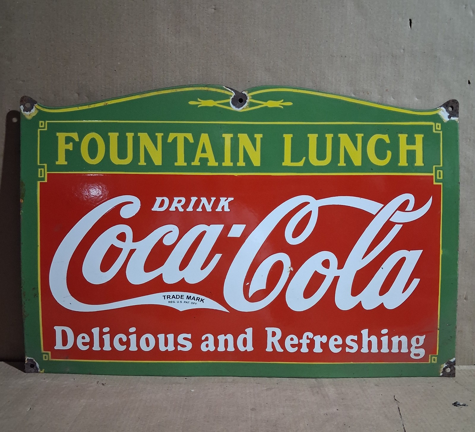Coca Cola Fountain Lunch  Porcelain Enamel Sign 27x18  Inches 1  Sided