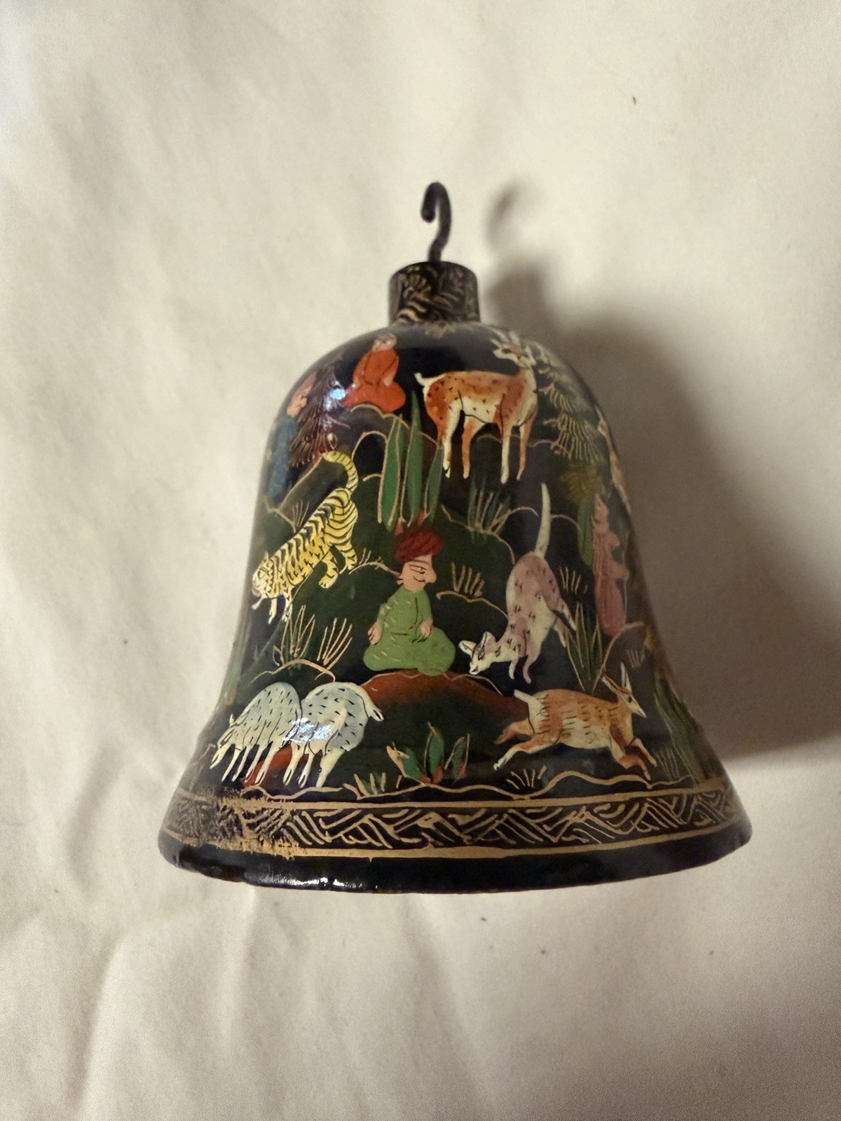 VTG Hand Painted Paper-mâché Bell Ornament Kashmir Suffering Moses India