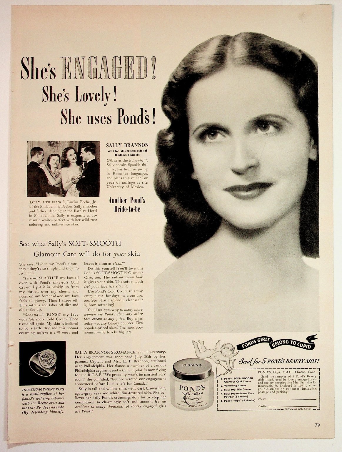 Pond\'s Cold Cream 1940s Magazine Ad Sally Brannon Engaged Bride WWII Era Pond\'s Cold Cream 1940s Magazine Ad Sally Brannon Engaged Bride WWII Era