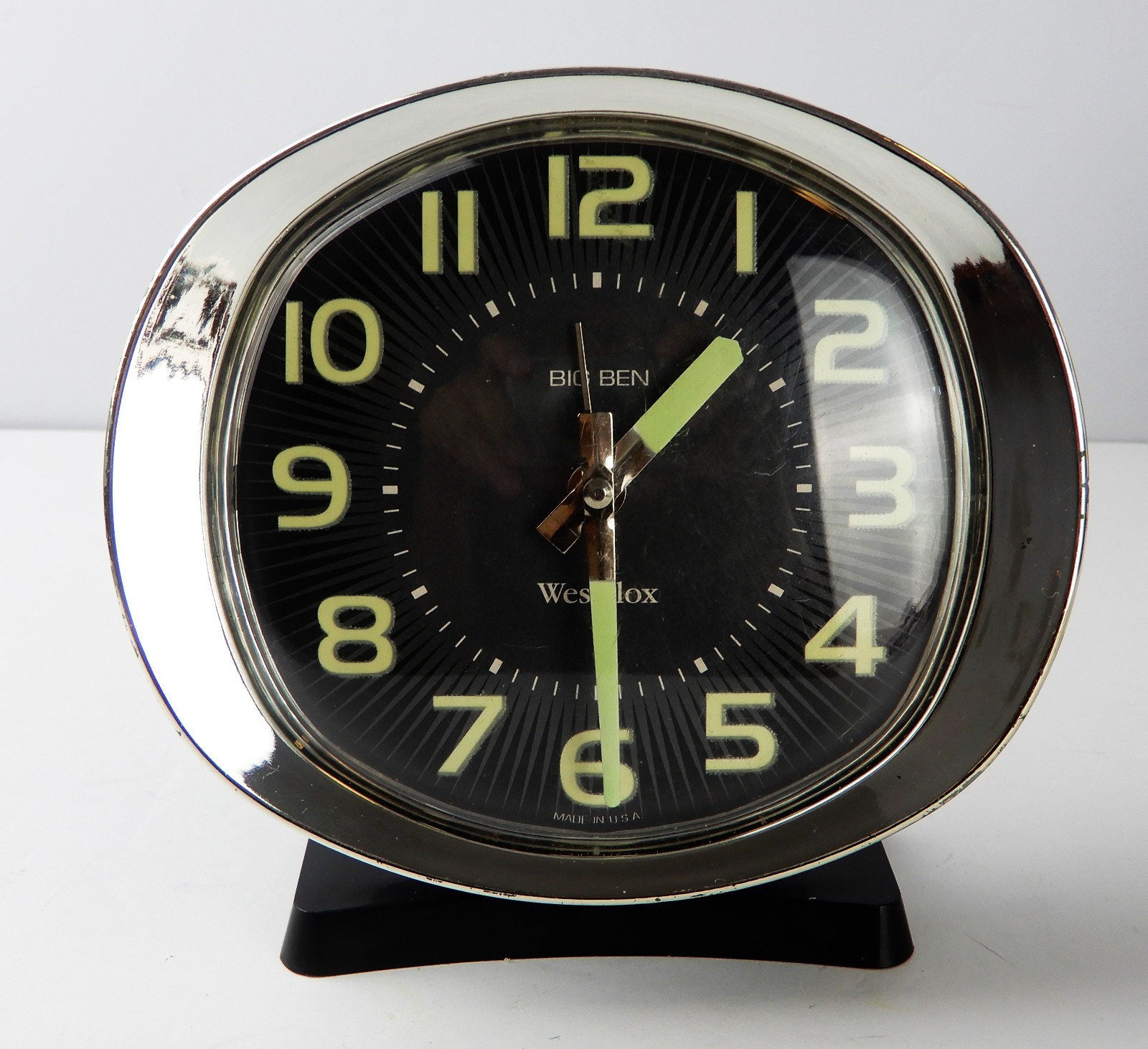 Vintage Westclox Big Ben Oval Shape Black & Silver Wind Up Alarm Clock Luminous 