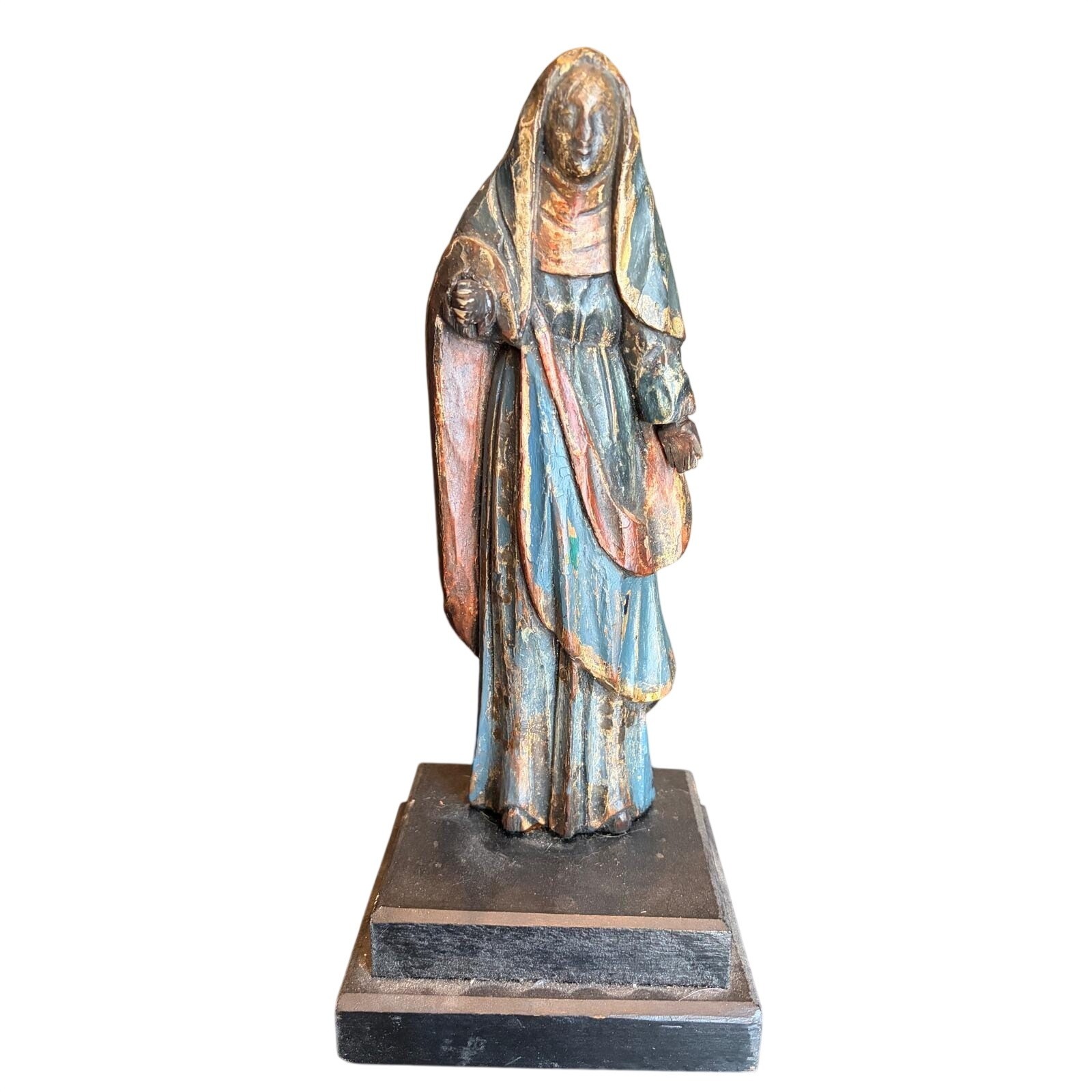 Antique Hand Carved Polychrome Wood Religious Saint Statue Folk Art Figurine