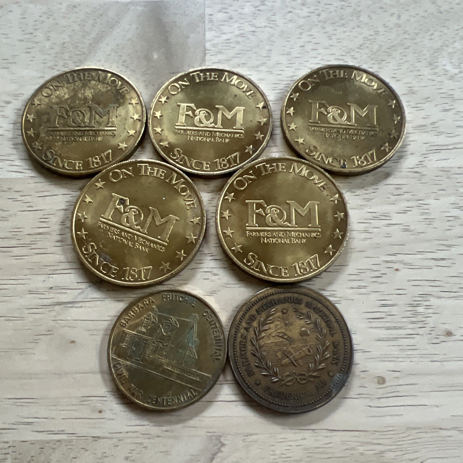 VTG Set Of 7 Farmers and Mechanics National Bank Medal F&M Bank Tokens VTG Set Of 7 Farmers and Mechanics National Bank Medal F&M Bank Tokens