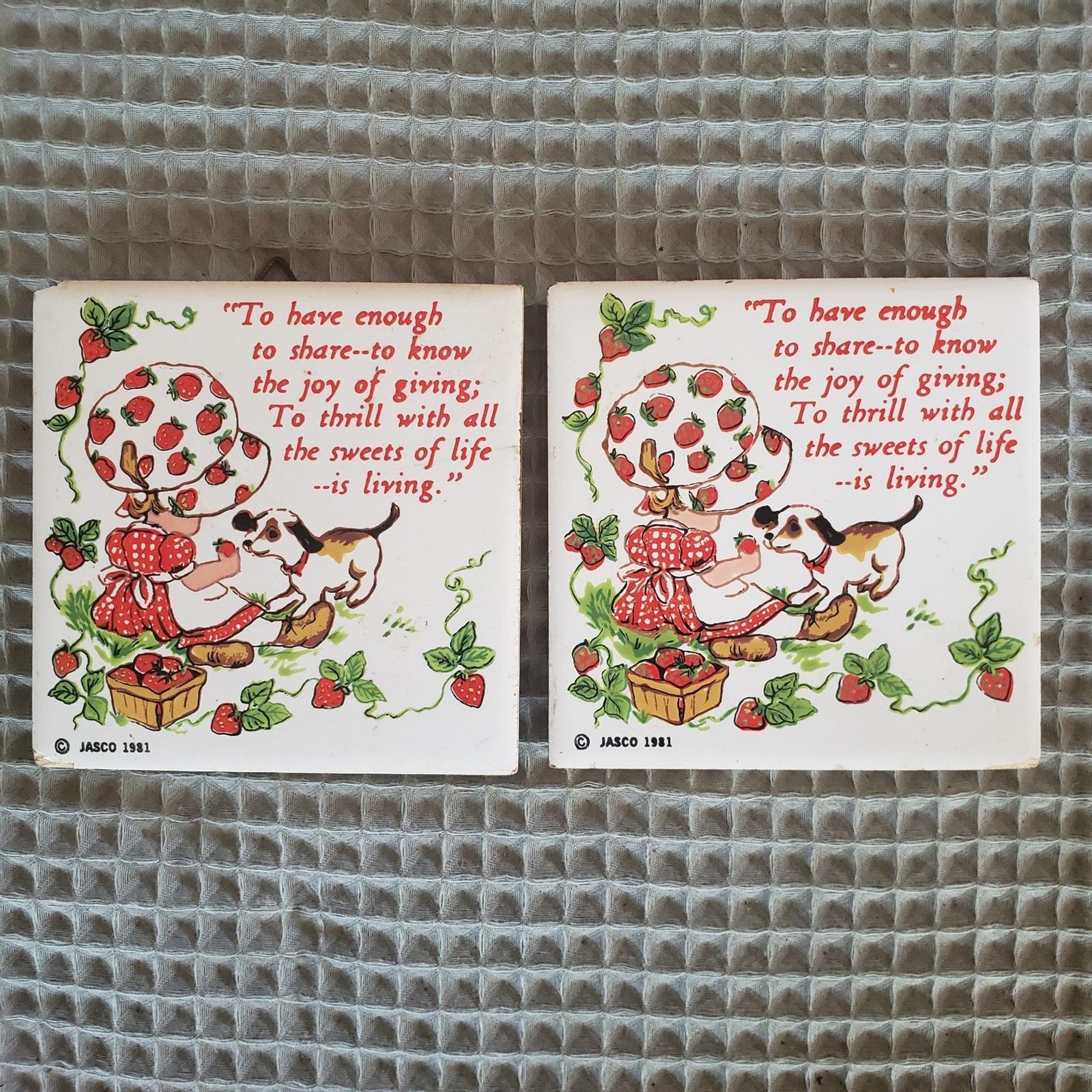 VTG 1981 Jasco Ceramic Trivets Wall Hanging Plaques Strawberry Girl Dog Set 2 VTG 1981 Jasco Ceramic Trivets Wall Hanging Plaques Strawberry Girl Dog Set 2