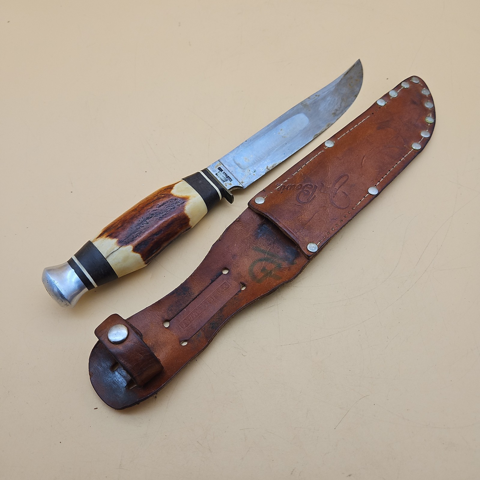 Vintage Carl Schlieper Solingen Germany Jim Bowie Stag Hunting Knife W/ Sheath