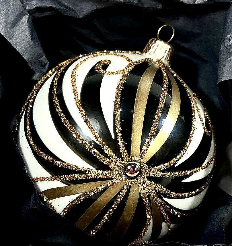 Vitbis Poland Handpainted Christmas Ornament Glass Black White Gold w/ Box Vitbis Poland Handpainted Christmas Ornament Glass Black White Gold w/ Box