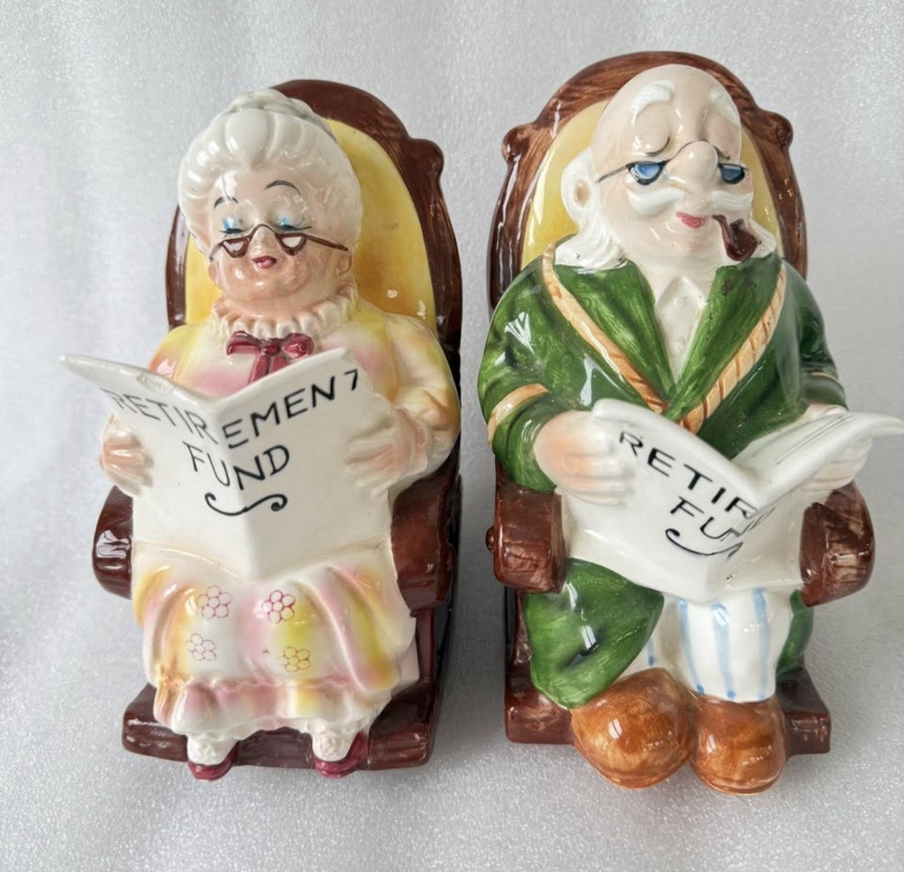 Lefton Retirement Fund Grandma Grandpa in Rocking Chair Vintage Piggy Bank Japan