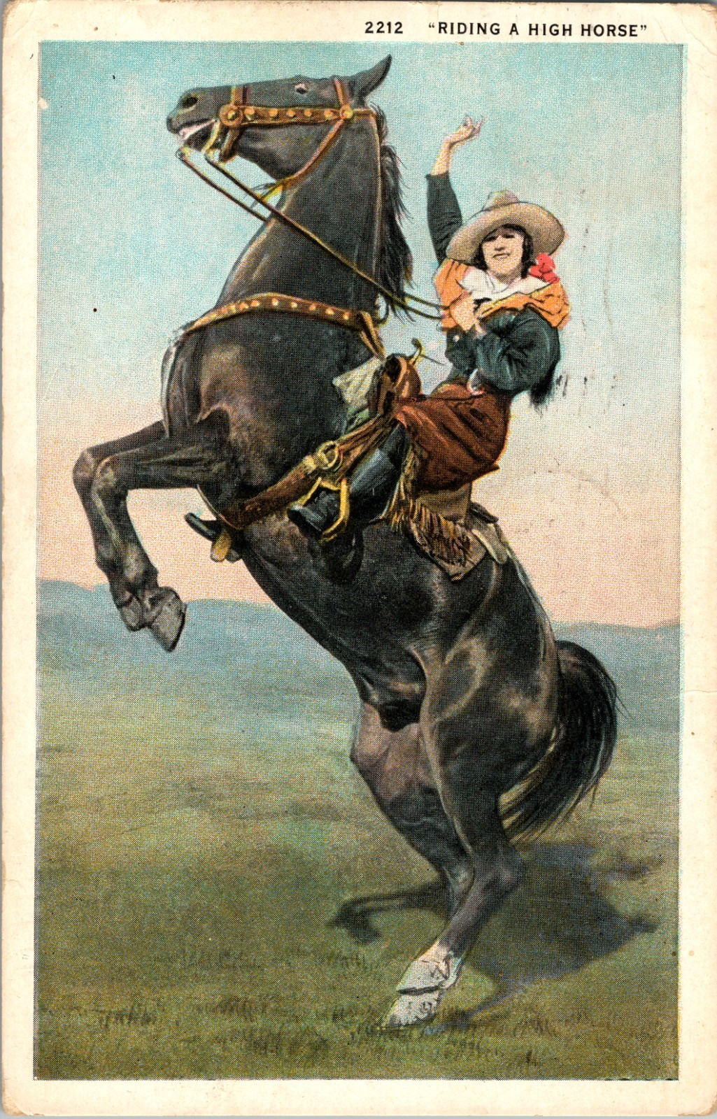 1933 Orofino Idaho Postmark Riding a High Horse Cowgirl Humor Postcard