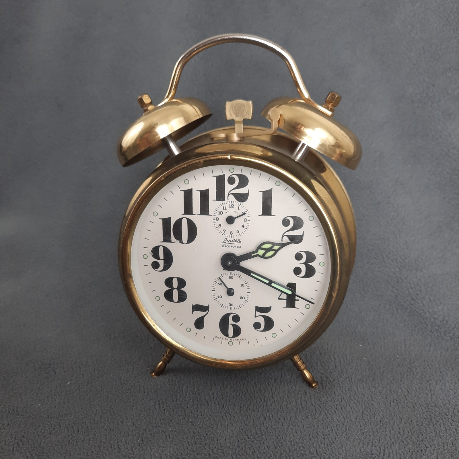 VTG Linden Black Forest German Alarm Clock Twin Bell Wind Up