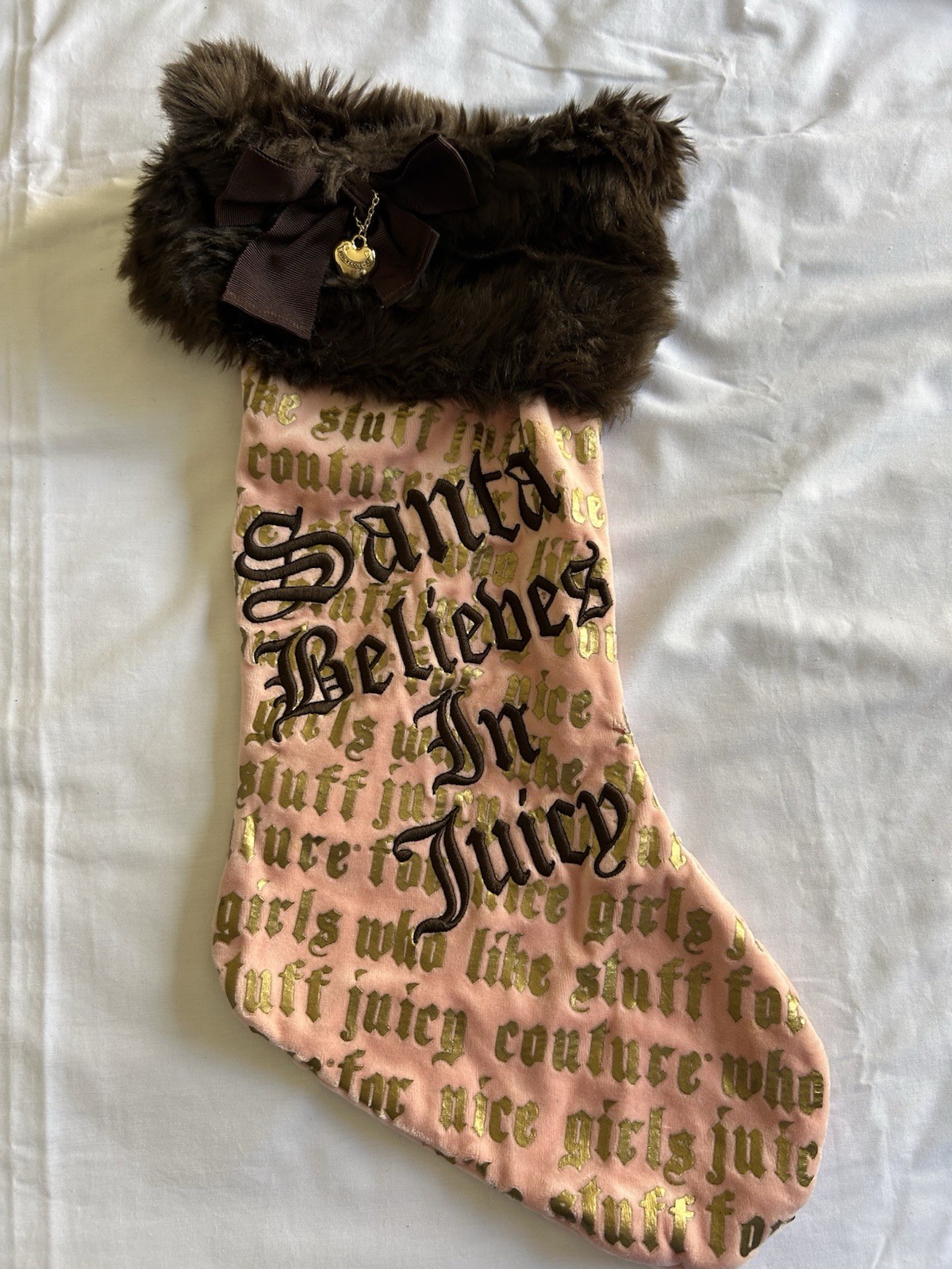 RARE Juicy Couture Santa Believes in Juicy Fur Brown Pink Christmas Stocking RARE Juicy Couture Santa Believes in Juicy Fur Brown Pink Christmas Stocking