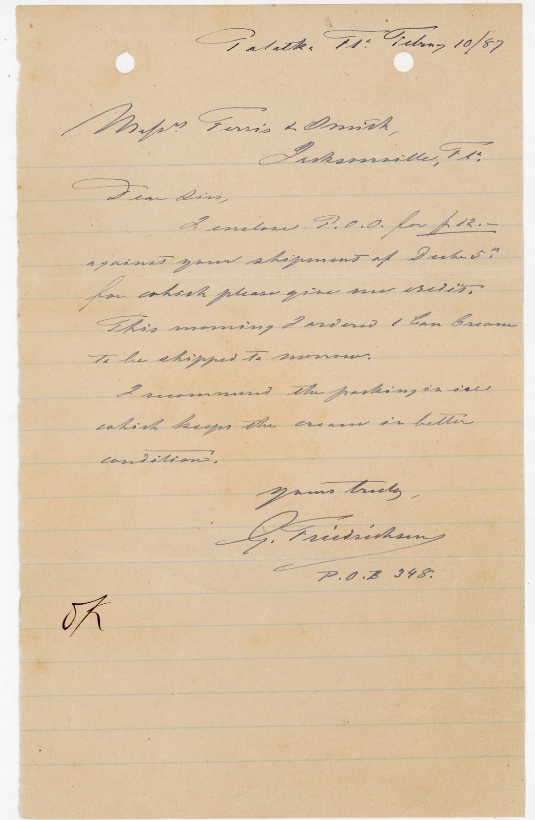 1887 Palatka Handwritten Letter Ferris & Smith Jacksonville FL G. Freidrichson