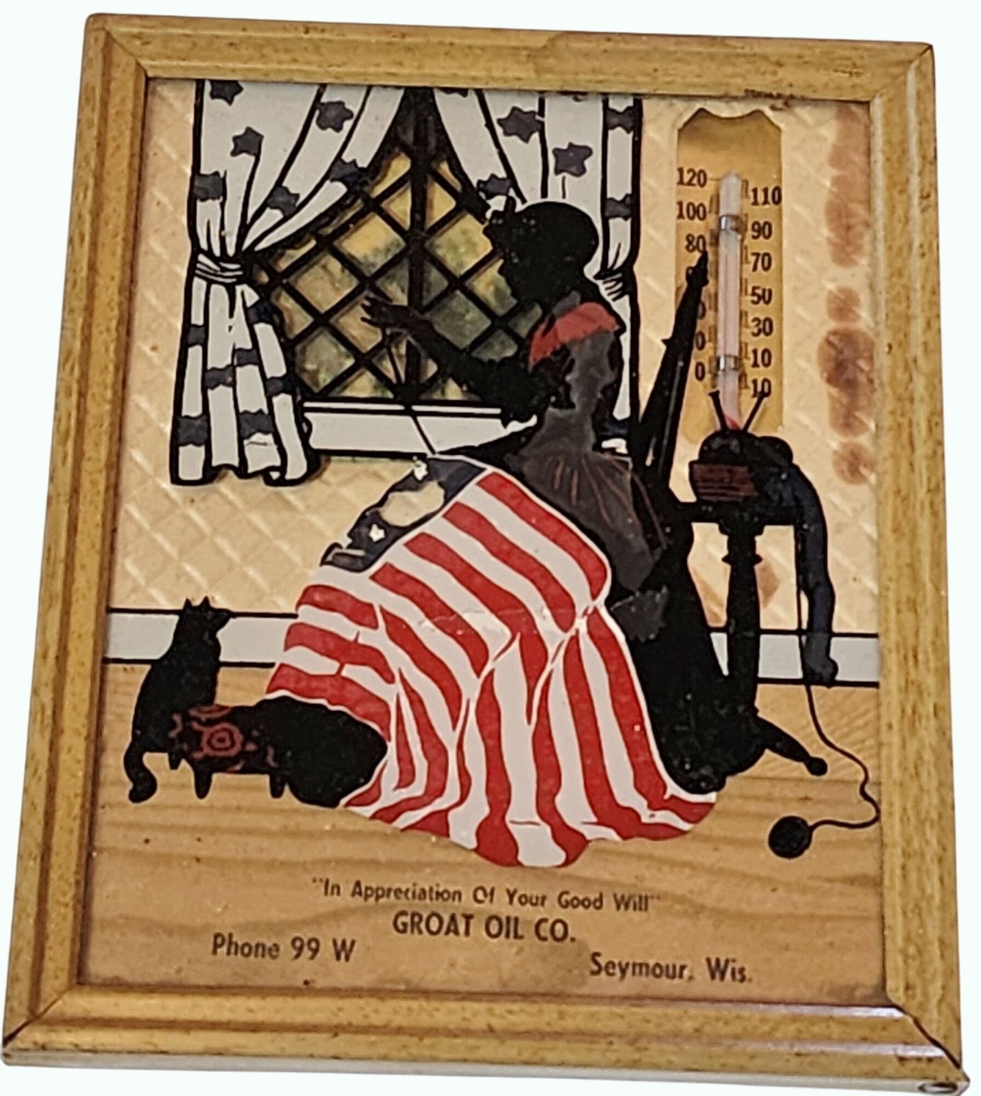 Antique Groat Oil Co Thermometer Plaque w Patriotic Silhouette Design Seymour WI