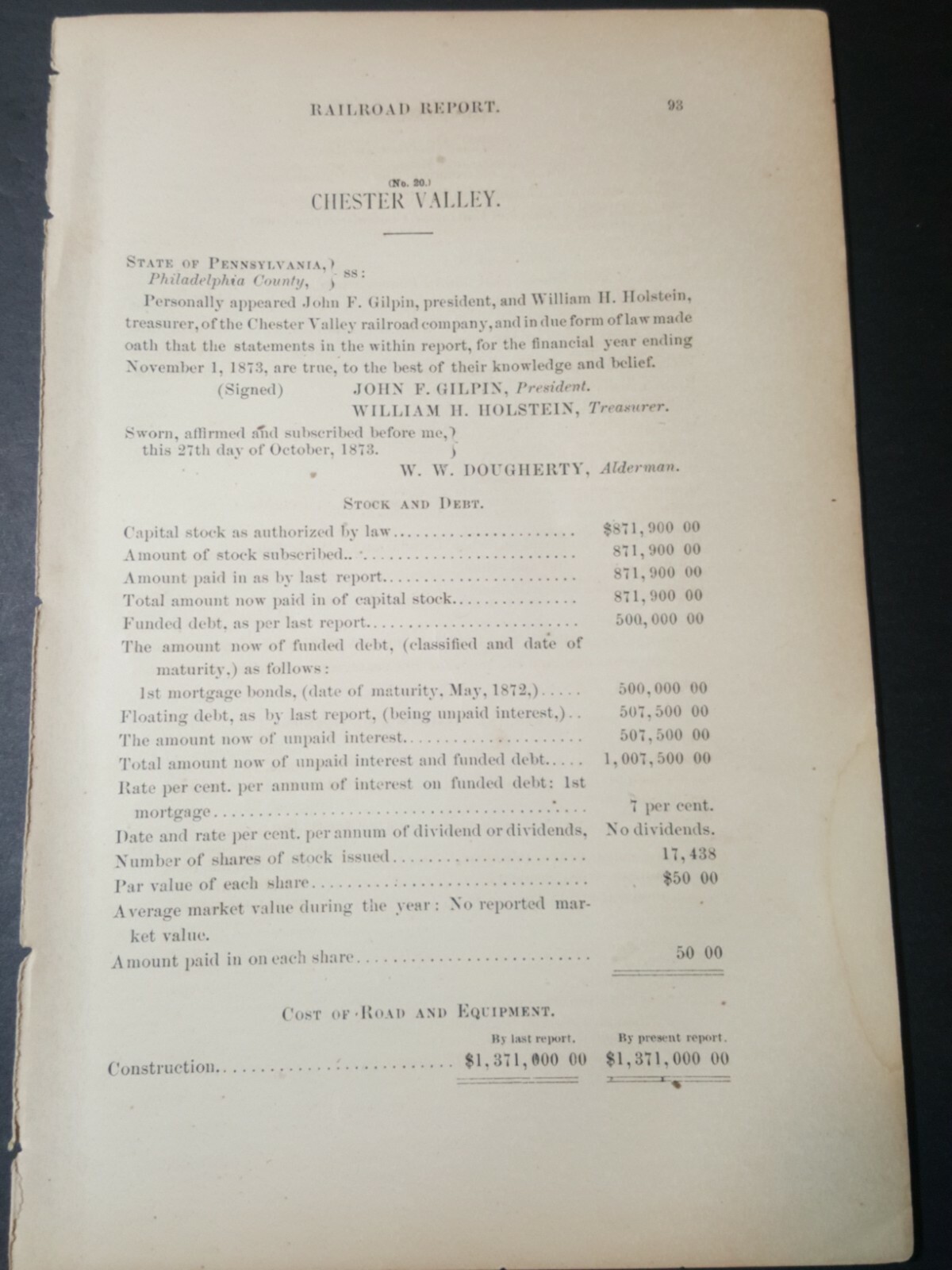1874 train document CHESTER VALLEY RAILROAD Bridgeport Downingtown Pennsylvania 