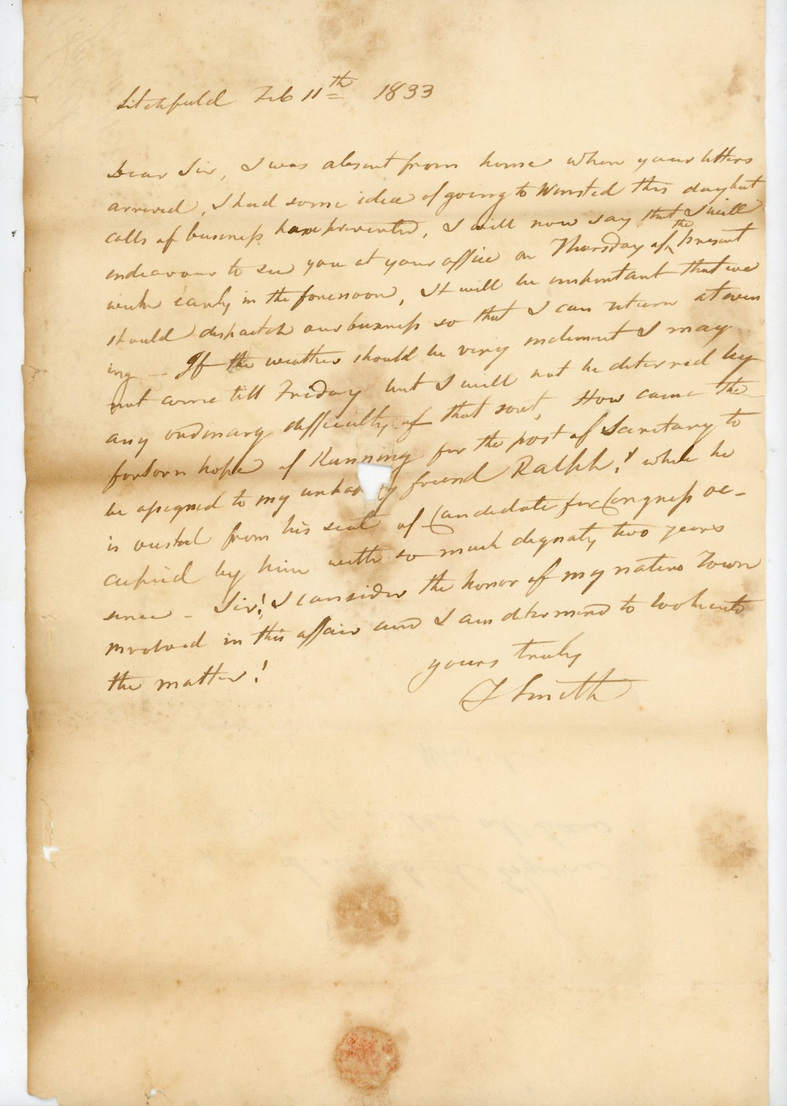 1833 Letter Truman Smith Litchfield CT to Wm S Holabird Winsted Politics Law